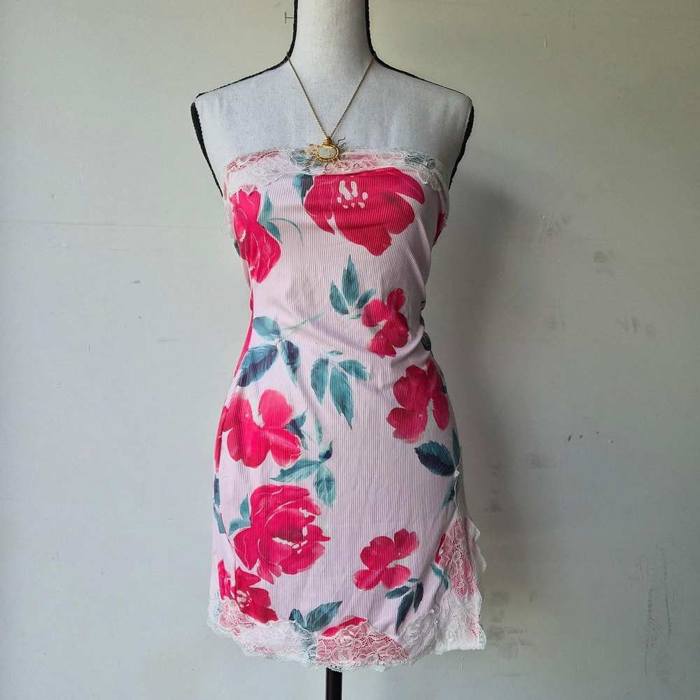 Y2K Floral Ribbed Slip Dress Womens Small Fairy Romantic Resort Vacation Bodycon